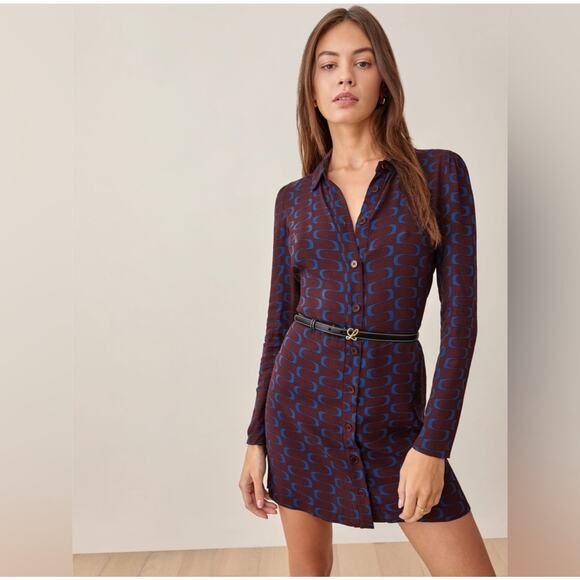 Reformation Hugh dress long sleeve button up retro print - Picture 1 of 9